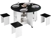 Luxsuite Foldable Round Dining Table Set Wood Table with Wheels and 4 Chairs Kitchen Dining Room Furniture Black & White