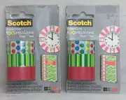 2 Pack! Scotch Expressions Magic Tape Red Green Blue Stripes Dots 2013 NIP