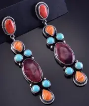 Spiny Oyster Shell and Turquoise long Earrings by S. Tso 2J20G