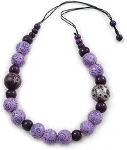 [Avalaya] Cunky Lilac/Purple Wood Bead Black Cotton Cord Jewellery Necklace - 70cm L (Adjustable), One Size, Wood