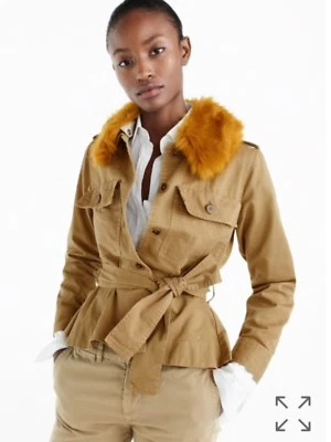 New $168 JCrew Peplum Safari Chino Jacket W/ Faux Fur Removable Collar Medium