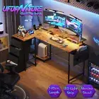 L-Shaped Gaming Desk LED Lights Corner Table Study Workstation w/ Drawer Walnut
