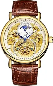 [FORSINING] Men's Analogue Automatic Watch Vintage AM/PM Sun Moon Skeleton with Calf Leather Strap