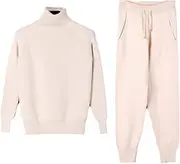 [UIOKLMJH] Two Piece Set Women Knit Sport Suits Thick Warm Turtleneck Sweater + Drawstring Harem Pants Winter Jogging Outfits