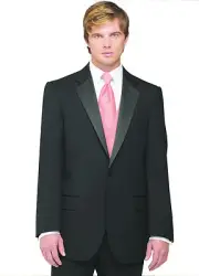 Sizes 34-50 Short 7-Piece Tuxedo Package w/Flat Front Pants, Pink Vest & Tie