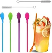 5pack Reusable Plastic Straws with Spoon，Reusable Straws，Stirring Spoon for Coffee Smoothie Milkshake Ice Cream