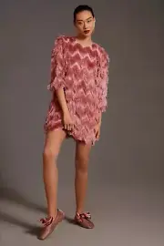 ANTHROPOLOGIE Hutch Fringed Chevron Dress Shift Mini Pink Fun Sz XS
