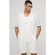 Mens White Oversized Drop Revere Open Weave Shirt & Short Set