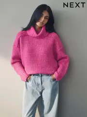 Pink Chunky Rib High Roll Neck Knitted Jumper with Alpaca (E55413) | $52
