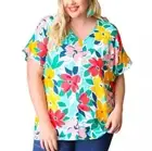 HAPTICS Teal Coral Floral V Neck Top Super Soft Blouse Short Sleeve New 2XL