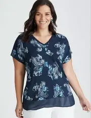 Autograph Top Tunic Shirt Plus Size 26 Short Sleeve Navy Floral Chiffon Trim NEW