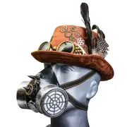 Brown Steampunk Victorian Feather Goggle Top Hat w/ Silver Gas Party Face Mask