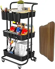 NRSUEN 3 Tier Rolling Cart, Rolling Cart with Table Top, Utility Rolling Storage Cart with Wheels Lockable & Hanging Cups & Hooks, Kitchen Organizer Cart for Bathroom Office Laundry Workshop, Black