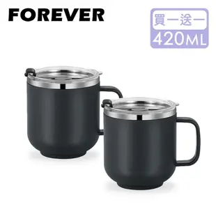 【日本FOREVER】304不鏽鋼雙層保溫馬克杯/茶杯420ml-黑色(附蓋)2入