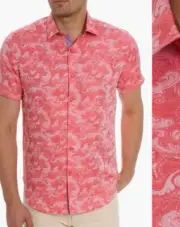 Poseidon Short Sleeve Linen & Cotton Jacquard Button-Up Shirt Size Small