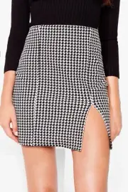 Nasty Gal Size 10 Dogtooth Side Split Mini Skirt Bodycon Stretch Black White NEW