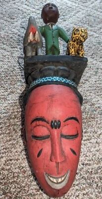 AFRICAN HANDMADE GURU FACE MASK WOMAN WOOD ELEPHANT LEOPARD HUMAN STATUE ETHNIX