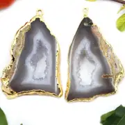 Natural Milky Gray Agate Slice Window Geode Druzy Gold Electroplated Connectors