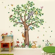 decalmile Woodland Animals Large Tree Wall Stickers Bear Fox Deer Wall Decals Baby Nursery Kids Bedroom Toddler Room Wall Decor (H:135cm/53Inches)