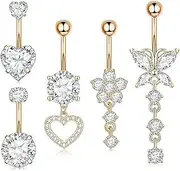 [Niaspi] 5Pcs 14G Belly Button Rings for Women Surgical Steel Dangle Belly Rings Clear CZ Diamond Heart Flower Butterfly Belly Navel Barbell Rings Rose Gold Belly Piercing Jewelry