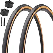 2pcs Folding Bead Road Bike Tire 700x25C/700x28C Tires and Tubes with Pair Levers | 60 TPI Puncture Protection Bicycle Replacement Accessory for MTB City Commuter | 48mm Valve