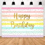 Mehofond Happy Birthday Party Decoration Backdrop Banner for Childs Adults Colorful Rainbow Stripe Golden Dot Happy Birthday Photography Background Studio Photo Props Vinyl 7x5ft
