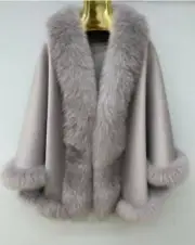 Women's New Gray Cashmere Wool Wrap Cape Fox Fur CYBER MONDAY SALE
