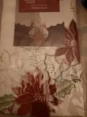 Winter Wonderland Leona Poinsettia Tablecloth 70" Round Ivory with Red Accents
