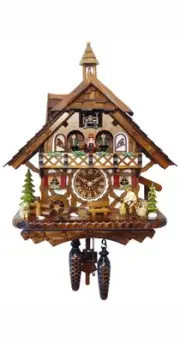 Quartz Cuckoo Clock Black Forest house with moving wood choppe.. EN 4491 QMT NEW
