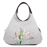Women Canvas Lotus Tote Handbags Chinese Style Shoulder Bag Folk Custom Crossbody Bags White Colour