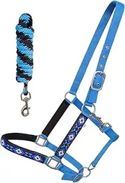 CHALLENGER Nylon Horse Beaded Halter Nickle Plated Hardware w/Lead Rope Tack Blue 606175