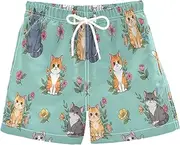 [RPLIFE] Boys Beach Shorts, Anti Chafe Swim Trunks Boys 2 T, Cute Cats Colorful Flowers Teal