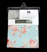 13-Pc NATORI Aqua Coral Shabby Floral Fabric Shower Curtain & 12 Silver Hooks