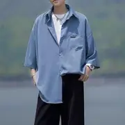 Short-Sleeve Collared Plain Shirt Peacock Blue - XL