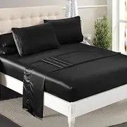 DreamZ Silky Satin Sheets Fitted Flat Bed Sheet Pillowcases Summer Double Black