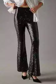 NWT Anthropologie Joni Sequined Flare Pants Black Size 8 $188