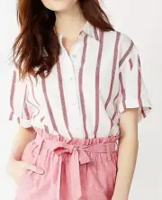 NWT DRAPER JAMES RSVP XL CHERRY RED STRIPE BUTTON FRONT CUFFED SLEEVE BOHO TOP