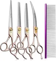 Fenice Peak 7.5‘’ Professional Dog Grooming Scissors Set Rose Gold 440C Stainless Steel Straight Thinning Curved Chunker Shears 4pcs Set for Pet Grooming Services Dogs and Cats