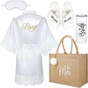 [Handepo] 5 Pcs Bridal Wedding Gifts Bridal Bridesmaids Robe Sets with Sleeping Eye Mask Slippers Party Tumbler Tote Gifts