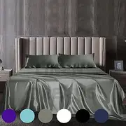 1000TC All Size Ultra Soft Art Silk Satin Sheet Set INCL- Flat Sheet | Fitted Sheet | Pillowcase (Grey, King Single)