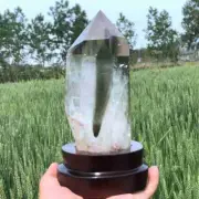0.95kg Natural Ghost Quartz Obelisk Reiki Crystal Wand Point Tower Decor + Stand