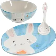 FELTECHELECTR Bunny Pattern Ceramic Bowl and Plate Set Toddler Dishware Boys and Girls Plates and Bowls Set Indoor Dinnerware