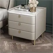 Mid Century Faux Leather Bedside Table with Marble Pattern Stone Top and 3 Drawers Stylish Bedroom Nightstand Cabinet