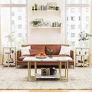 AWQM Faux Marble Coffee Table Set, Coffee Table &2 Side Table, Metal Frame, 3 Piece Living Room Table Sets Perfect for Living Room Apartment, White & Gold