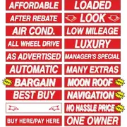 Red and White Car Dealer Window Stickers Slogans 25 packs, 15" Mix n Match