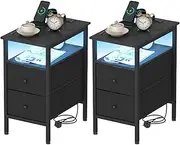Ufurniture Set of 2 Side Table with Charging Station, Narrow End Table with LED Light, Bedside Table with 2 Drawers & Open Shelf for Living Room, Bedroom Small Place, Black