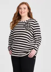 [Taking Shape] Taking Shape Natural Stripe Flower Top Size 16 in Black / Oatmeal, Viscose - Plus Size Women's Clothing Black / Oatmeal