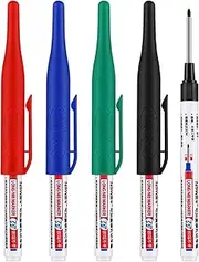 4 Pcs Multi-Purpose Deep Hole Marker Pens, Long Nib Head Marker Waterproof Colorful Carpenter Pen for Bathroom Woodworking Decoration, Red Black Blue Green Ink