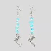 Aquamarine Gemstone Chip Beaded Dangle Beachy Earrings Dolphin Charms