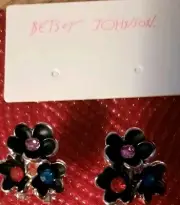 Betsey Johnson Flower Motif W/Gold And Black Enamel Rhinestone Stud Earrings